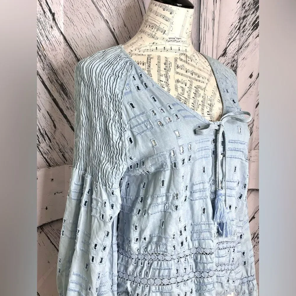 Zara TRF Collection Blue Eyelet Blouse Bell Sleeve Size S
